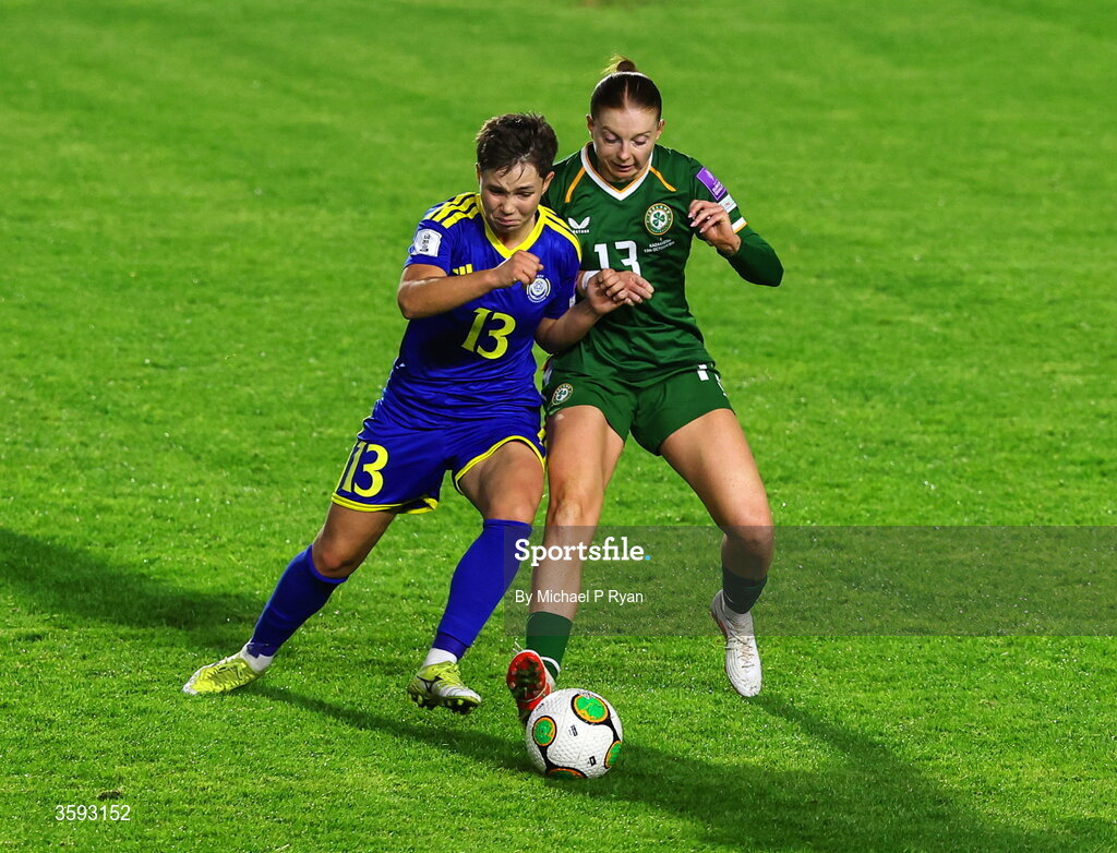 13 October 2026; Hayley Nolan of Republic of Ireland in action against Valeriya Popova of Kazakhstan during the 2027 FIFA Women’s World Cup qualifying round 1 play-off second leg match between Republic of Ireland and Kazakhstan at SuperValu Páirc Uí Chaoimh in Cork. Photo by Michael P Ryan/Sportsfile