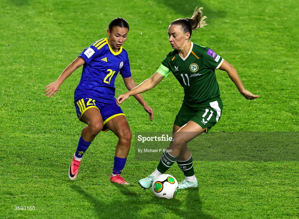 13 October 2026; Katie McCabe of Republic of Ireland Asselkhan Turlybekova of Kazakhstan during the 2027 FIFA Women’s World Cup qualifying round 1 play-off second leg match between Republic of Ireland and Kazakhstan at SuperValu Páirc Uí Chaoimh in Cork. Photo by Michael P Ryan/Sportsfile