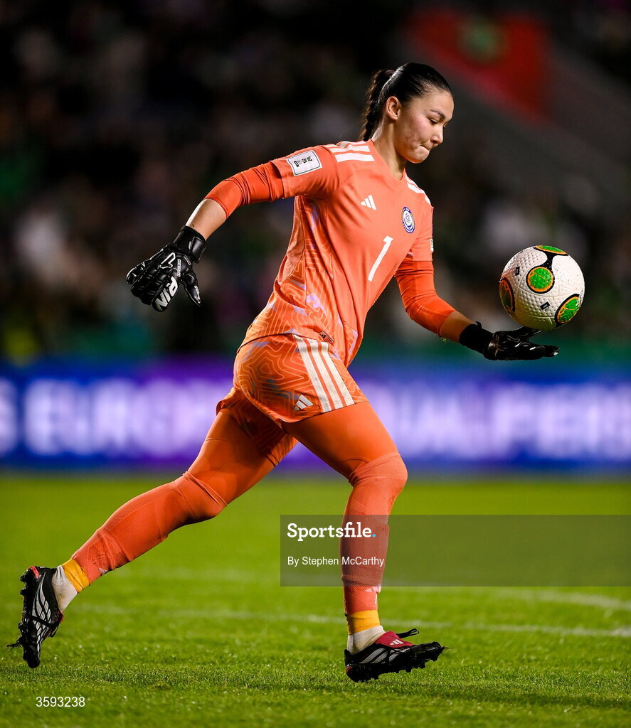 13 October 2026; Kazakhstan goalkeeper Angelina Portnova during the 2027 FIFA Women’s World Cup qualifying round 1 play-off second leg match between Republic of Ireland and Kazakhstan at SuperValu Páirc Uí Chaoimh in Cork. Photo by Stephen McCarthy/Sportsfile