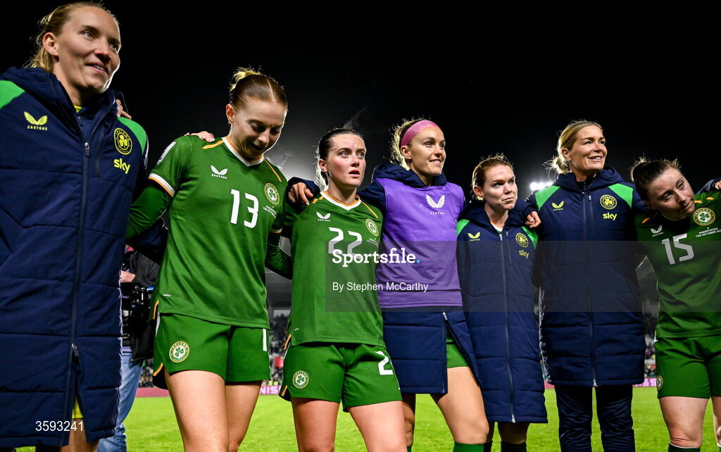 13 October 2026; Republic of Ireland players, from left, goalkeeper Sophie Whitehouse, Hayley Nolan, Tyler Toland, Caitlin Hayes, Aoife Mannion, goalkeeping coach Emma Byrne and Lucy Quinn after the 2027 FIFA Women’s World Cup qualifying round 1 play-off second leg match between Republic of Ireland and Kazakhstan at SuperValu Páirc Uí Chaoimh in Cork. Photo by Stephen McCarthy/Sportsfile