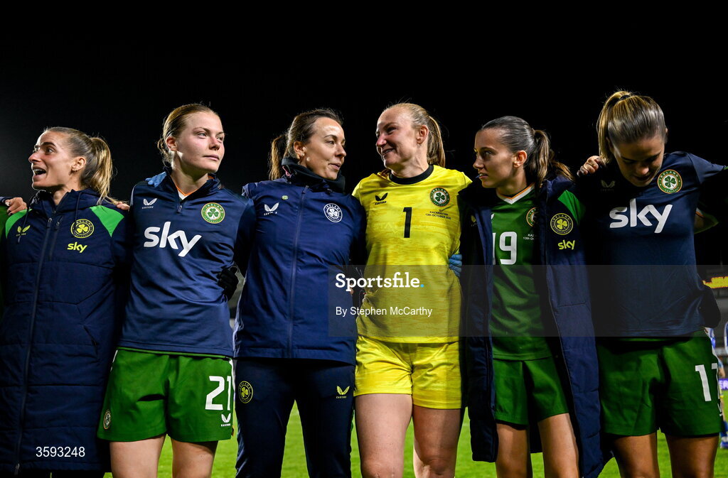 13 October 2026; Republic of Ireland players, from left, Chloe Mustaki, Emily Murphy, lead physiotherapist Angela Kenneally, goalkeeper Courtney Brosnan, Abbie Larkin and Jamie Finn after the 2027 FIFA Women’s World Cup qualifying round 1 play-off second leg match between Republic of Ireland and Kazakhstan at SuperValu Páirc Uí Chaoimh in Cork. Photo by Stephen McCarthy/Sportsfile