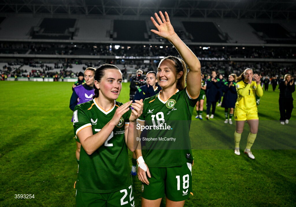 13 October 2026; Tyler Toland, left, and Kyra Carusa of Republic of Ireland after the 2027 FIFA Women’s World Cup qualifying round 1 play-off second leg match between Republic of Ireland and Kazakhstan at SuperValu Páirc Uí Chaoimh in Cork.  Photo by Stephen McCarthy/Sportsfile