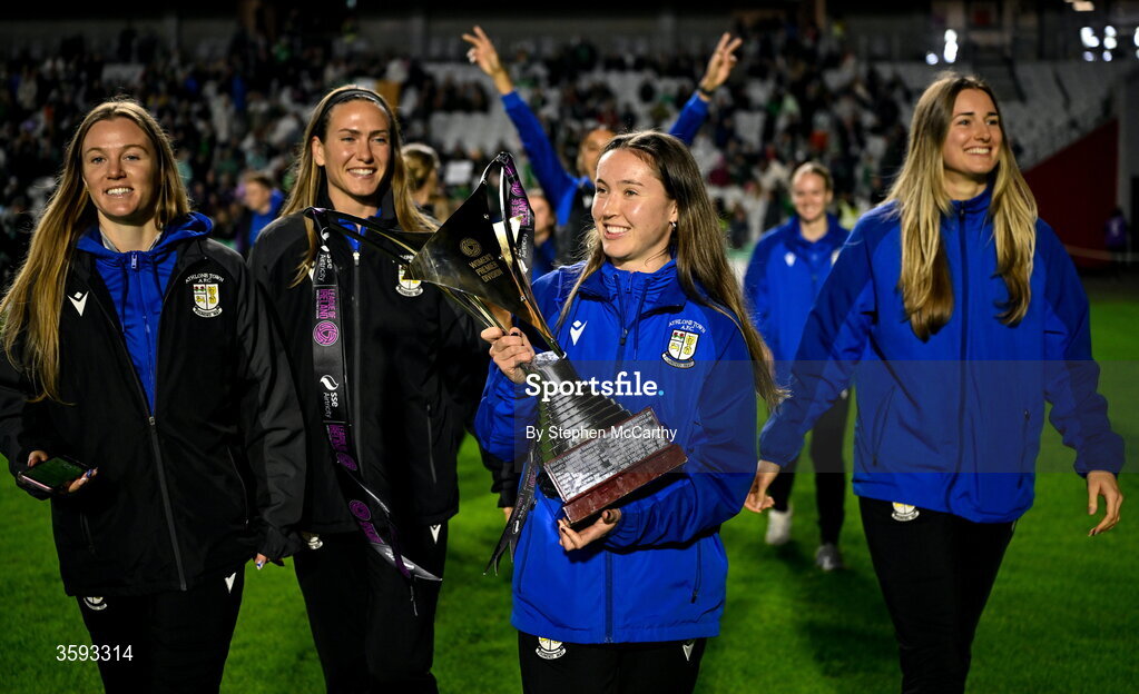 13 October 2026; Hannah Waesch and Athlone Town team-mates, winners of SSE Airtricity Women's Premier Division, are introduced to the crowd at half-time  during the 2027 FIFA Women’s World Cup qualifying round 1 play-off second leg match between Republic of Ireland and Kazakhstan at SuperValu Páirc Uí Chaoimh in Cork. Photo by Stephen McCarthy/Sportsfile