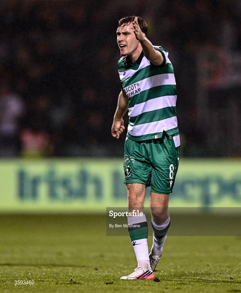 12 October 2026; Matt Healy of Shamrock Rovers reacts during the SSE Airtricity Men's Premier Division match between Shamrock Rovers and Bohemians at Tallaght Stadium in Dublin. Photo by Ben McShane/Sportsfile
