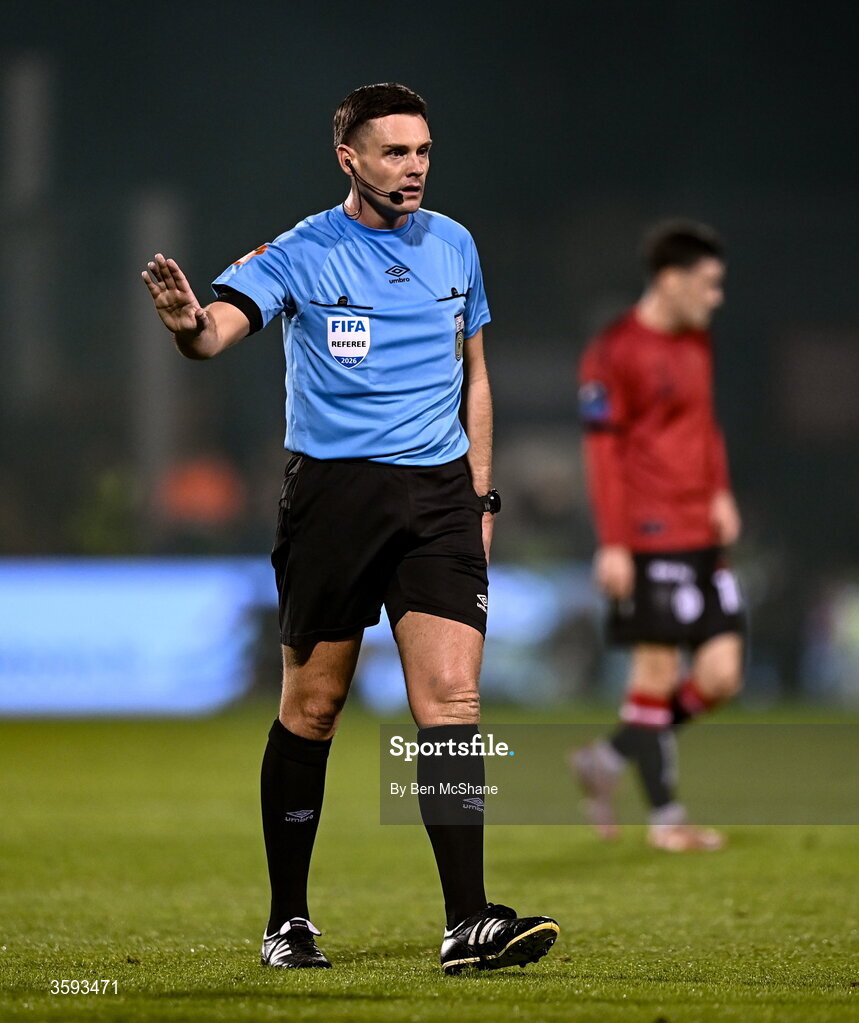 12 October 2026; Referee Rob Hennessy during the SSE Airtricity Men's Premier Division match between Shamrock Rovers and Bohemians at Tallaght Stadium in Dublin. Photo by Ben McShane/Sportsfile