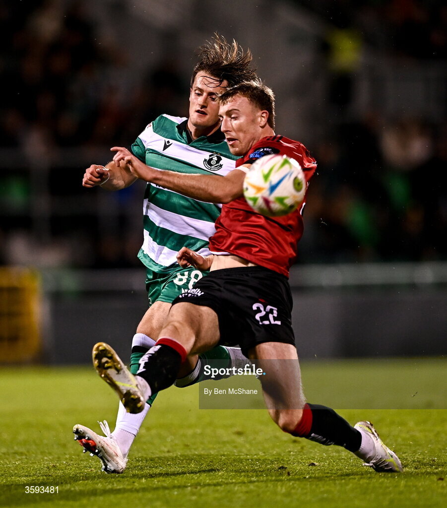 12 October 2026; Sam Todd of Bohemians and John McGovern of Shamrock Rovers during the SSE Airtricity Men's Premier Division match between Shamrock Rovers and Bohemians at Tallaght Stadium in Dublin. Photo by Ben McShane/Sportsfile