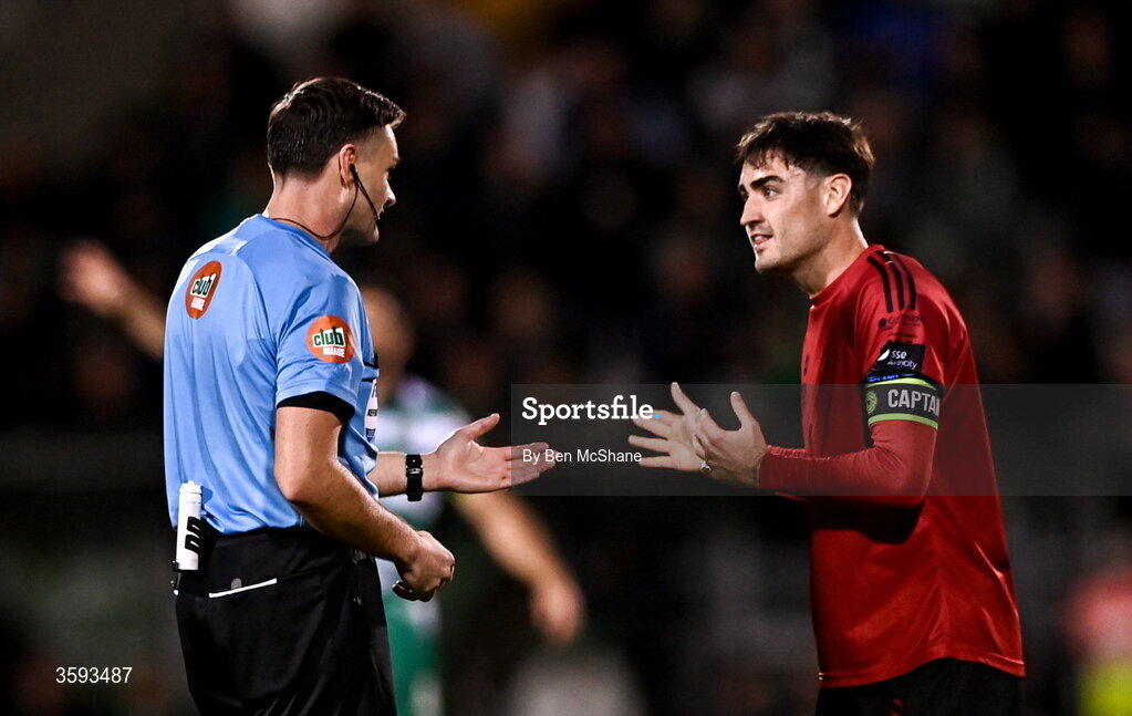 12 October 2026; Referee Rob Hennessy and Dawson Devoy of Bohemians during the SSE Airtricity Men's Premier Division match between Shamrock Rovers and Bohemians at Tallaght Stadium in Dublin. Photo by Ben McShane/Sportsfile