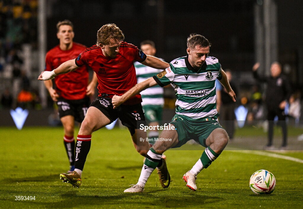 12 October 2026; Jack Byrne of Shamrock Rovers and Darragh Power of Bohemians during the SSE Airtricity Men's Premier Division match between Shamrock Rovers and Bohemians at Tallaght Stadium in Dublin. Photo by Ben McShane/Sportsfile