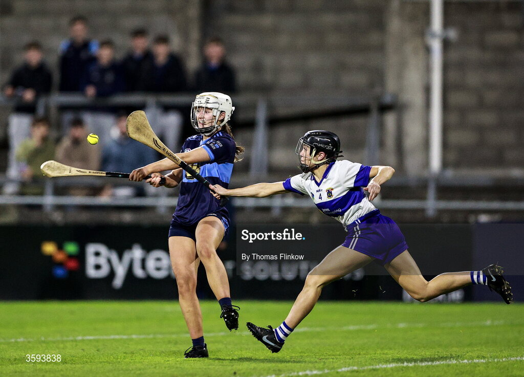 16 October 2026; Eimear Kehoe of St Jude's in action against Aisling Maher of St Vincent's during the PTSB Dublin Senior Club Hurling final match between St Vincent's and St Jude's at Parnell Park in Dublin. Photo by Thomas Flinkow/Sportsfile