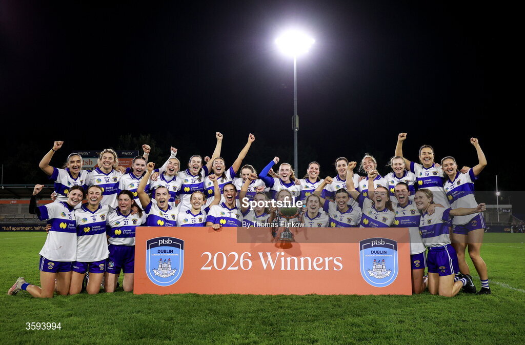 16 October 2026; The St Vincent's team celebrates with the trophy after their victory in the PTSB Dublin Senior Club Hurling final match between St Vincent's and St Jude's at Parnell Park in Dublin. Photo by Thomas Flinkow/Sportsfile