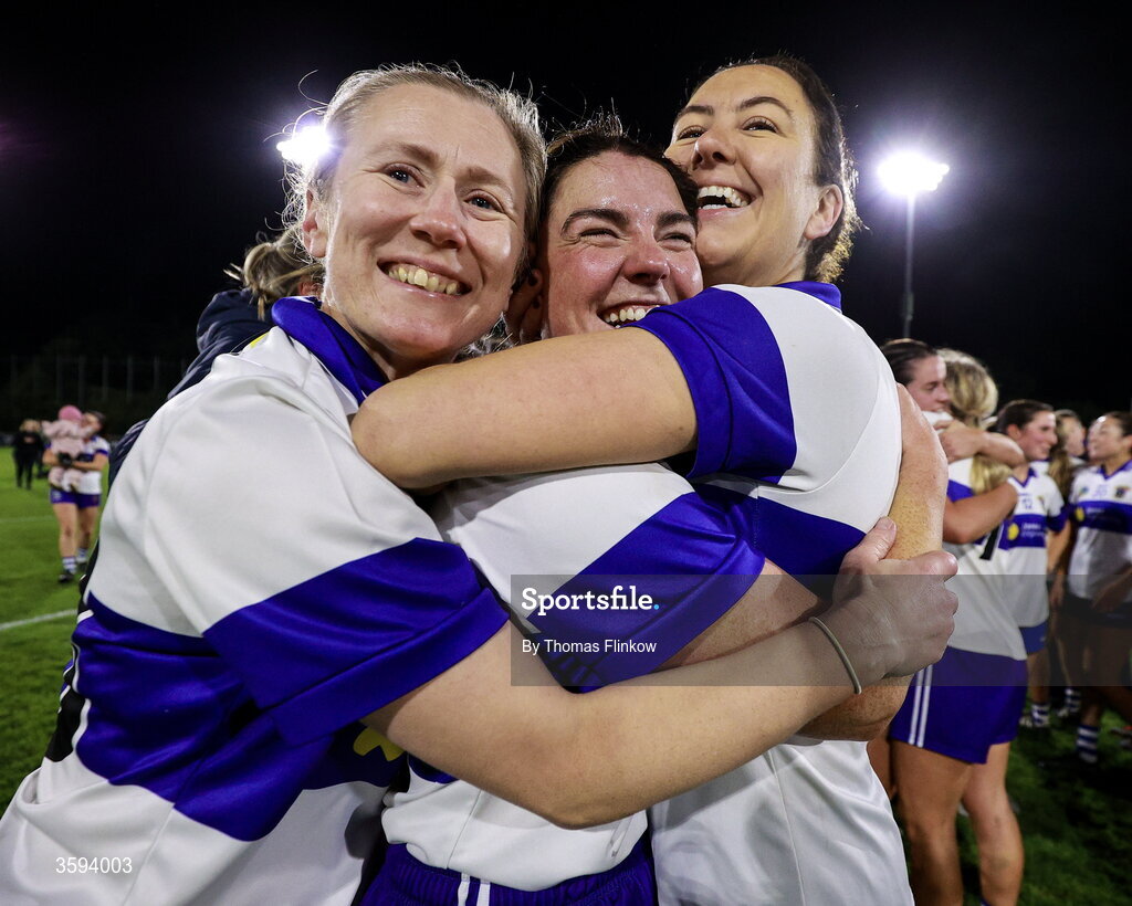 16 October 2026; St Vincent's players, from left, Aine Fanning, Claire Donnelly, and Ali Maguire celebrate after the PTSB Dublin Senior Club Hurling final match between St Vincent's and St Jude's at Parnell Park in Dublin. Photo by Thomas Flinkow/Sportsfile