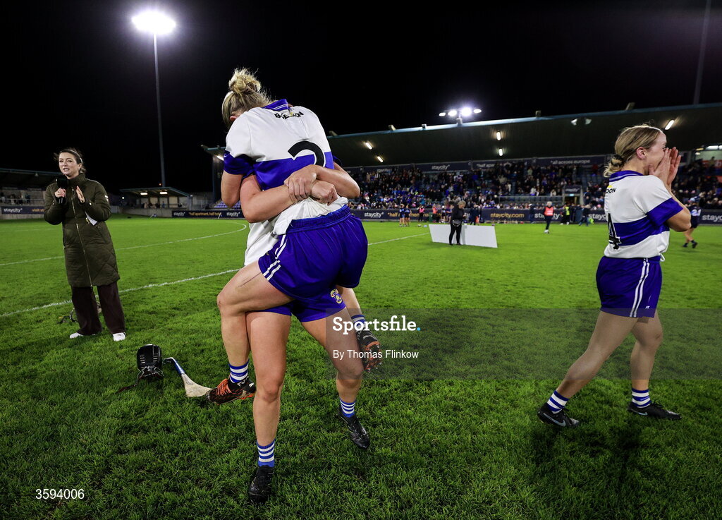 16 October 2026; St Vincent's players Muireann Kelleher and Ellen McGovern, back, celebrate after the PTSB Dublin Senior Club Hurling final match between St Vincent's and St Jude's at Parnell Park in Dublin. Photo by Thomas Flinkow/Sportsfile
