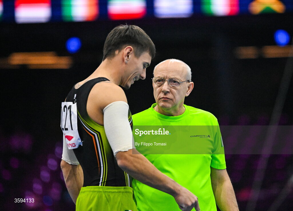 17 October 2026; Adam Steele of Ireland with coach Sergey Sizhanov before the Men's Qualification Subdivision 1 on day one of the Artistic Gymnastics World Championships 2026 at Rotterdam Ahoy in Rotterdam, Netherlands. Photo by Filippo Tomasi/Sportsfile