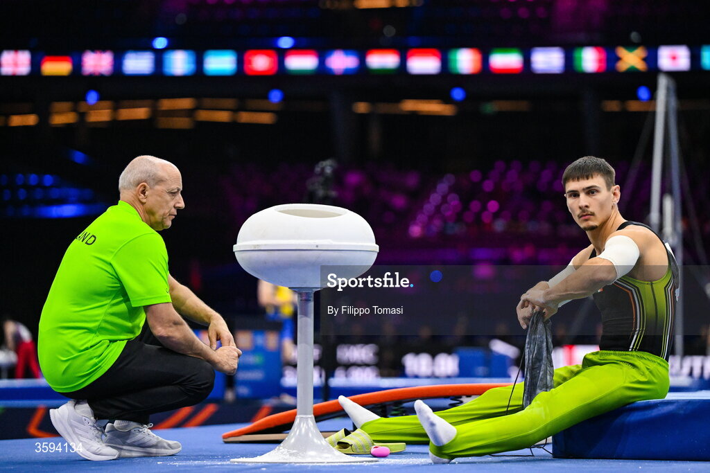 17 October 2026; Adam Steele of Ireland with coach Sergey Sizhanov before the Men's Qualification Subdivision 1 on day one of the Artistic Gymnastics World Championships 2026 at Rotterdam Ahoy in Rotterdam, Netherlands. Photo by Filippo Tomasi/Sportsfile