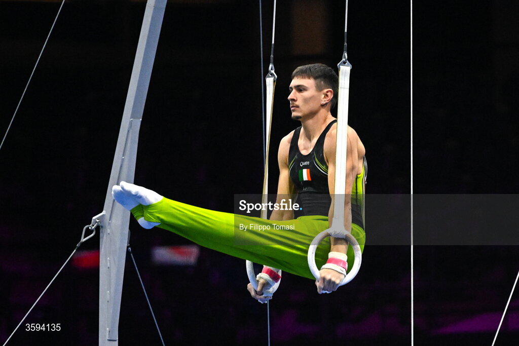 17 October 2026; Adam Steele of Ireland competes on the Rings during the Men's Qualification Subdivision 1 on day one of the Artistic Gymnastics World Championships 2026 at Rotterdam Ahoy in Rotterdam, Netherlands. Photo by Filippo Tomasi/Sportsfile