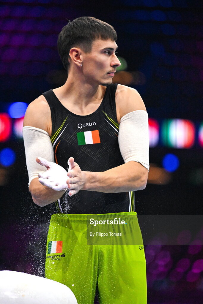 17 October 2026; Adam Steele of Ireland before competing on the Rings during the Men's Qualification Subdivision 1 on day one of the Artistic Gymnastics World Championships 2026 at Rotterdam Ahoy in Rotterdam, Netherlands. Photo by Filippo Tomasi/Sportsfile