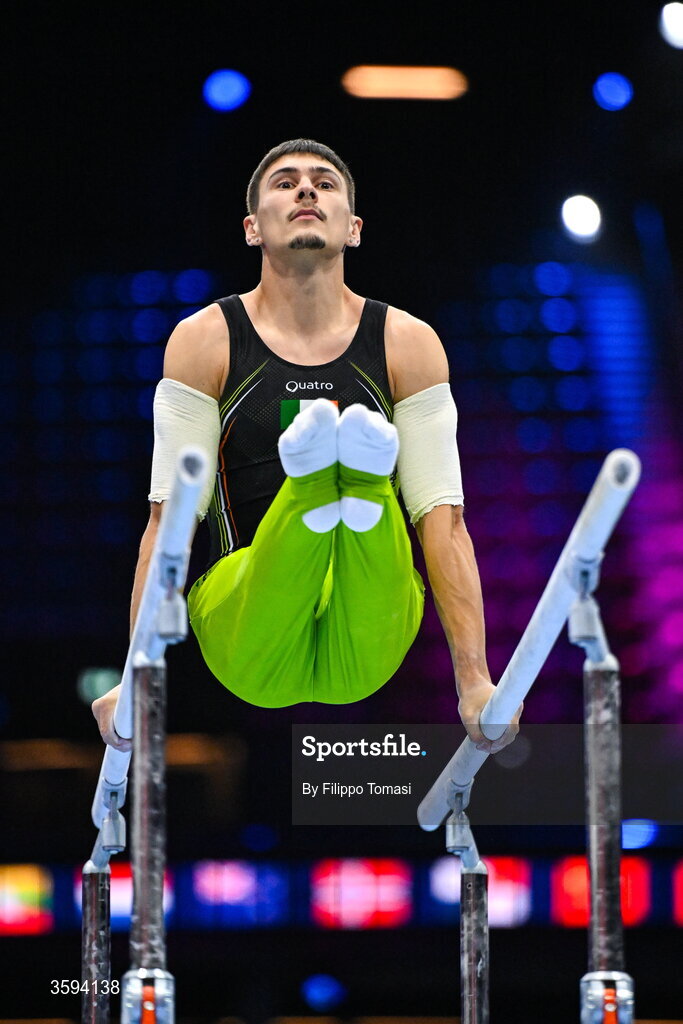 17 October 2026; Adam Steele of Ireland competes on the Parallel Bars during the Men's Qualification Subdivision 1 on day one of the Artistic Gymnastics World Championships 2026 at Rotterdam Ahoy in Rotterdam, Netherlands. Photo by Filippo Tomasi/Sportsfile