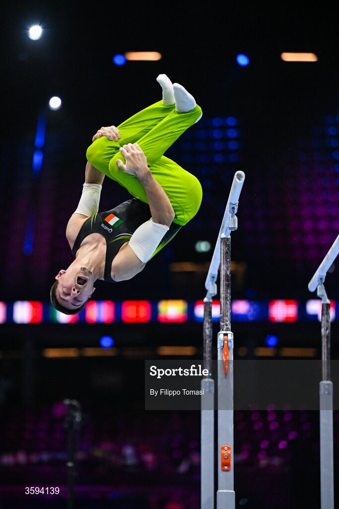 17 October 2026; Adam Steele of Ireland competes on the Parallel Bars during the Men's Qualification Subdivision 1 on day one of the Artistic Gymnastics World Championships 2026 at Rotterdam Ahoy in Rotterdam, Netherlands. Photo by Filippo Tomasi/Sportsfile