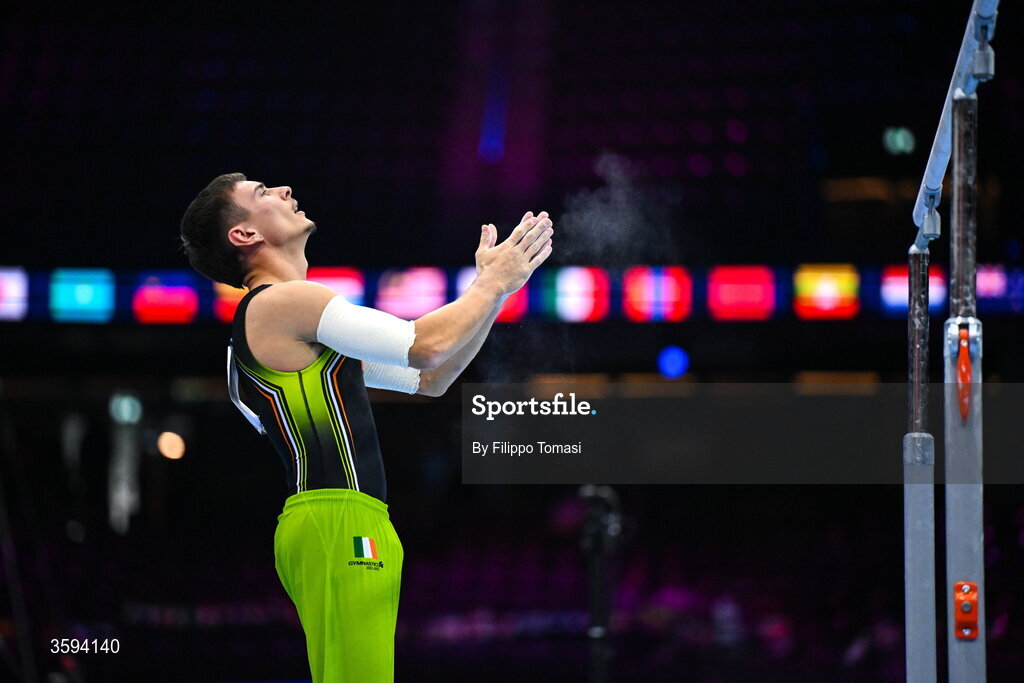 17 October 2026; Adam Steele of Ireland after competing on the Parallel Bars during the Men's Qualification Subdivision 1 on day one of the Artistic Gymnastics World Championships 2026 at Rotterdam Ahoy in Rotterdam, Netherlands. Photo by Filippo Tomasi/Sportsfile