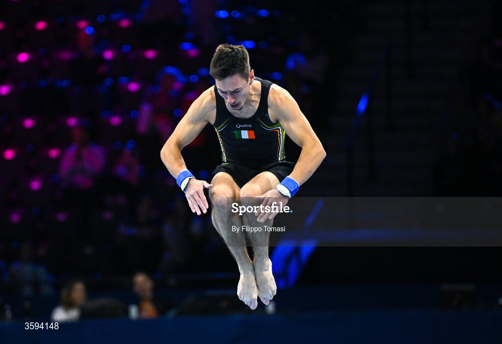 17 October 2026; Adam Steele of Ireland competes on the Floor Exercise the Men's Qualification Subdivision 1 on day one of the Artistic Gymnastics World Championships 2026 at Rotterdam Ahoy in Rotterdam, Netherlands. Photo by Filippo Tomasi/Sportsfile