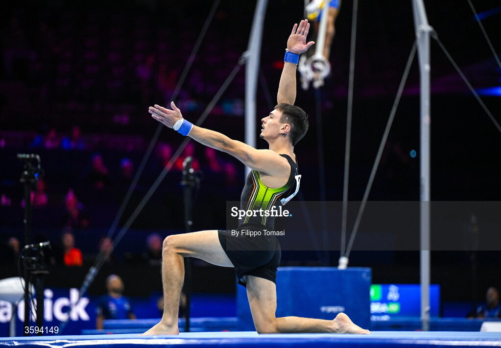 17 October 2026; Adam Steele of Ireland competes on the Floor Exercise the Men's Qualification Subdivision 1 on day one of the Artistic Gymnastics World Championships 2026 at Rotterdam Ahoy in Rotterdam, Netherlands. Photo by Filippo Tomasi/Sportsfile