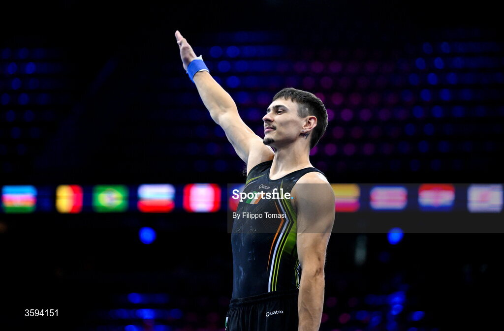 17 October 2026; Adam Steele of Ireland after competing on the Floor Exercise the Men's Qualification Subdivision 1 on day one of the Artistic Gymnastics World Championships 2026 at Rotterdam Ahoy in Rotterdam, Netherlands. Photo by Filippo Tomasi/Sportsfile