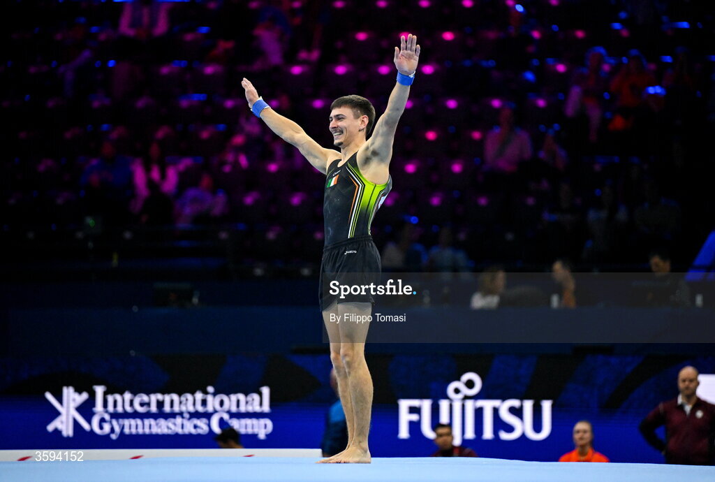 17 October 2026; Adam Steele of Ireland after competing on the Floor Exercise the Men's Qualification Subdivision 1 on day one of the Artistic Gymnastics World Championships 2026 at Rotterdam Ahoy in Rotterdam, Netherlands. Photo by Filippo Tomasi/Sportsfile