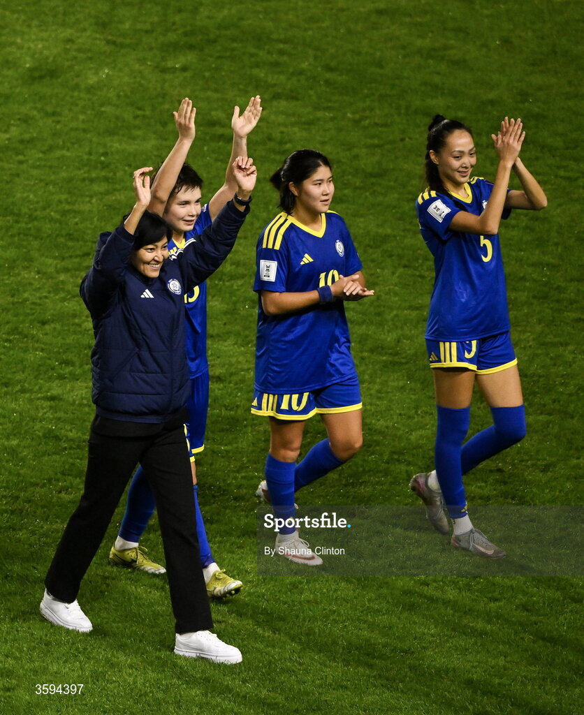 13 October 2026; Kazakhstan head coach Begaim Kirgizbayeva, left, and players after the 2027 FIFA Women’s World Cup qualifying round 1 play-off second leg match between the Republic of Ireland and Kazakhstan at Páirc Uí Chaoimh in Cork. Photo by Shauna Clinton/Sportsfile Photo by Shauna Clinton/Sportsfile