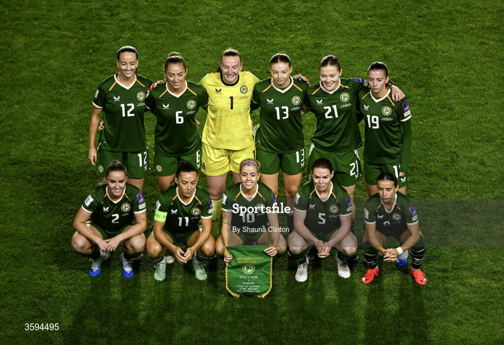 13 October 2026; Republic of Ireland players stand for a team photograph before the 2027 FIFA Women’s World Cup qualifying round 1 play-off second leg match between the Republic of Ireland and Kazakhstan at Páirc Uí Chaoimh in Cork. Photo by Shauna Clinton/Sportsfile Photo by Shauna Clinton/Sportsfile