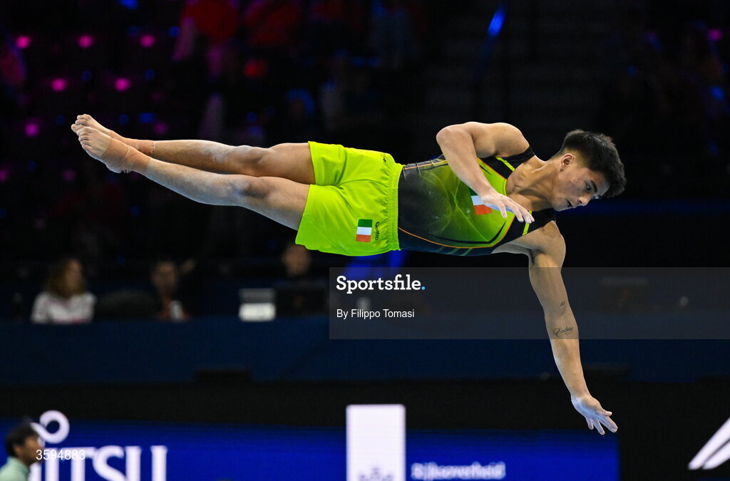 17 October 2026; Chester Enriquez of Ireland competes on the Floor Exercise during the Men's Qualification Subdivision 1 on day one of the Artistic Gymnastics World Championships 2026 at Rotterdam Ahoy in Rotterdam, Netherlands. Photo by Filippo Tomasi/Sportsfile