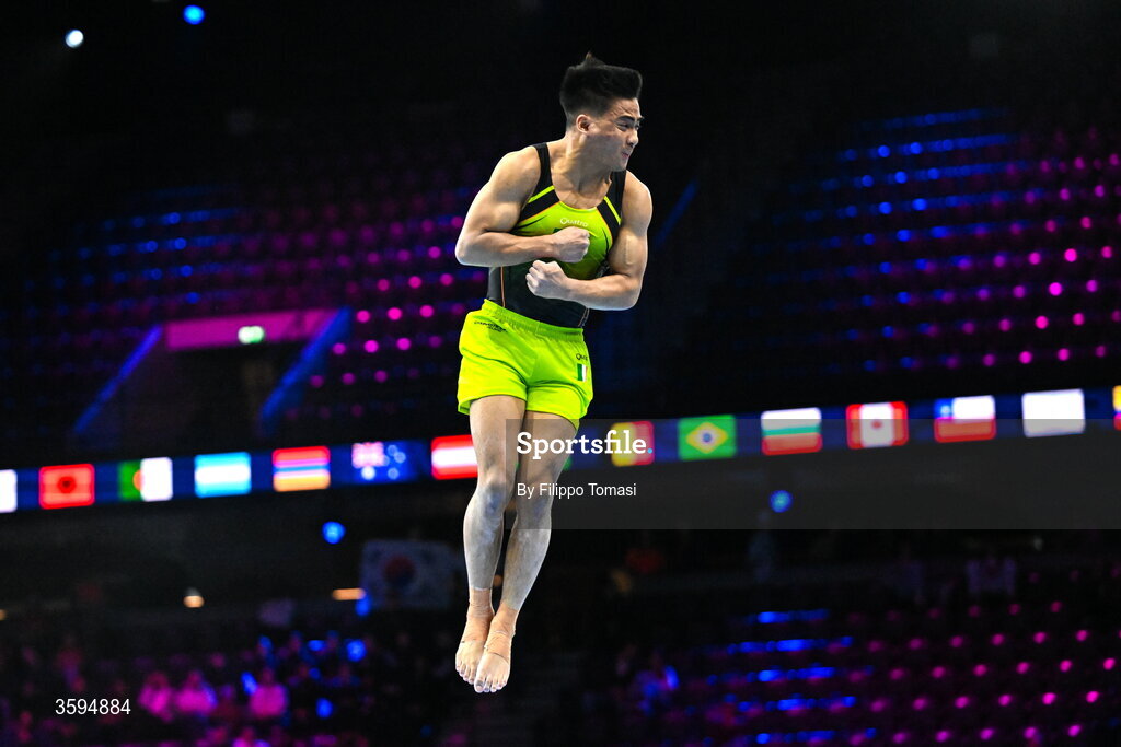 17 October 2026; Chester Enriquez of Ireland competes on the Floor Exercise during the Men's Qualification Subdivision 1 on day one of the Artistic Gymnastics World Championships 2026 at Rotterdam Ahoy in Rotterdam, Netherlands. Photo by Filippo Tomasi/Sportsfile