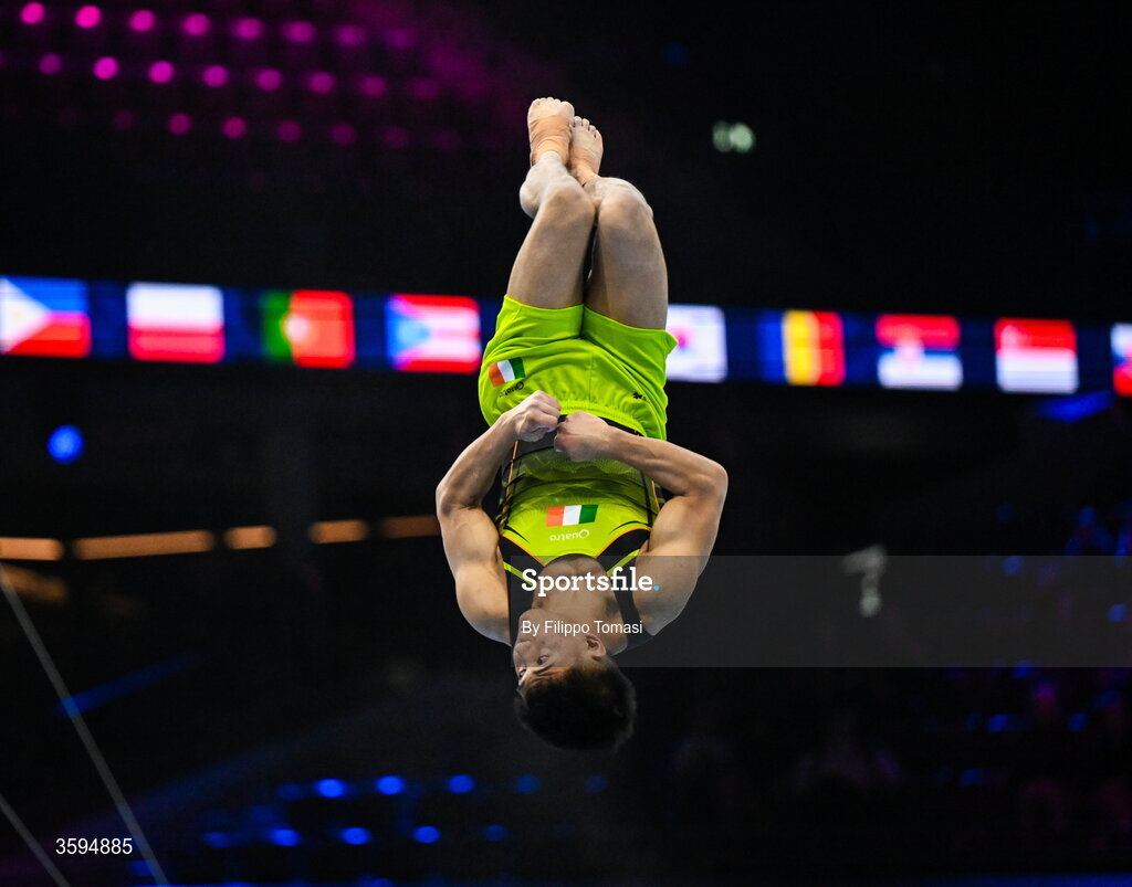 17 October 2026; Chester Enriquez of Ireland competes on the Floor Exercise during the Men's Qualification Subdivision 1 on day one of the Artistic Gymnastics World Championships 2026 at Rotterdam Ahoy in Rotterdam, Netherlands. Photo by Filippo Tomasi/Sportsfile
