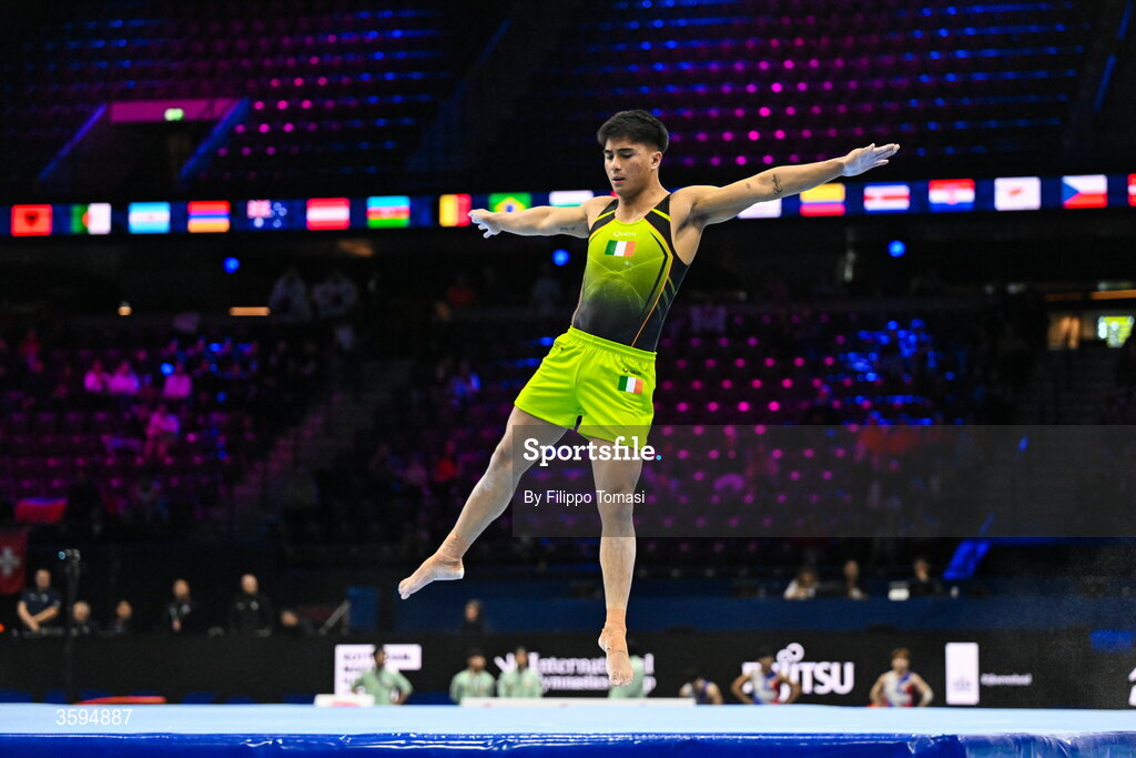 17 October 2026; Chester Enriquez of Ireland competes on the Floor Exercise during the Men's Qualification Subdivision 1 on day one of the Artistic Gymnastics World Championships 2026 at Rotterdam Ahoy in Rotterdam, Netherlands. Photo by Filippo Tomasi/Sportsfile