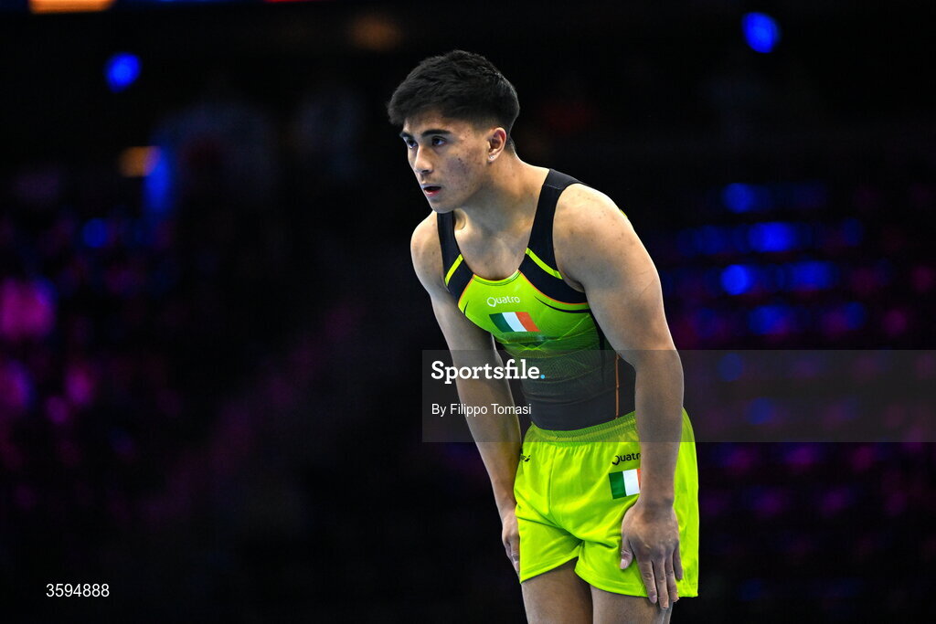 17 October 2026; Chester Enriquez of Ireland competes on the Floor Exercise during the Men's Qualification Subdivision 1 on day one of the Artistic Gymnastics World Championships 2026 at Rotterdam Ahoy in Rotterdam, Netherlands. Photo by Filippo Tomasi/Sportsfile