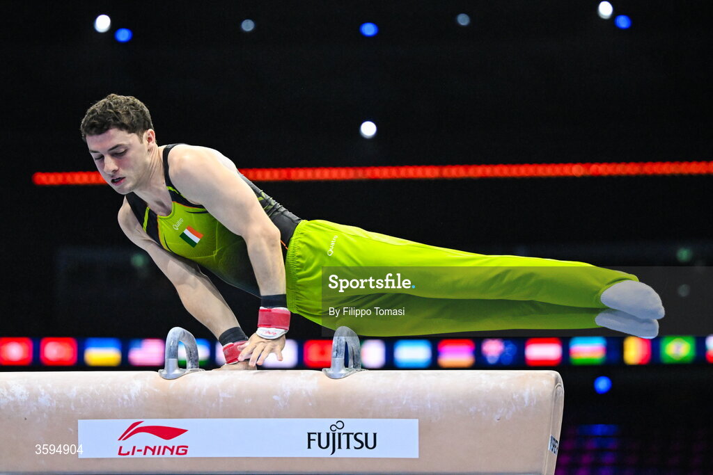 17 October 2026; Rhys McClenaghan of Ireland competes on the Pommel Horse during the Men's Qualification Subdivision 1 on day one of the Artistic Gymnastics World Championships 2026 at Rotterdam Ahoy in Rotterdam, Netherlands. Photo by Filippo Tomasi/Sportsfile