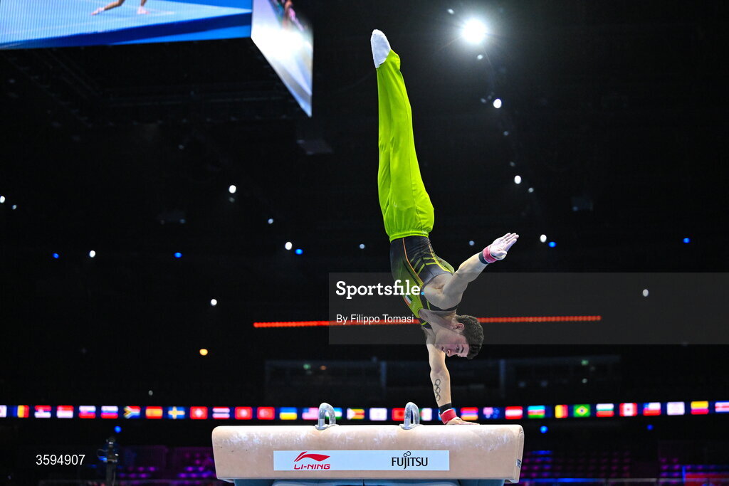 17 October 2026; Rhys McClenaghan of Ireland competes on the Pommel Horse during the Men's Qualification Subdivision 1 on day one of the Artistic Gymnastics World Championships 2026 at Rotterdam Ahoy in Rotterdam, Netherlands. Photo by Filippo Tomasi/Sportsfile