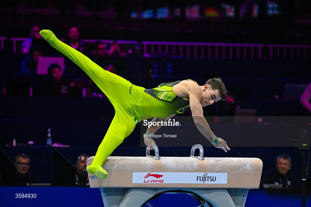 17 October 2026; James Hickey of Ireland competes on the Pommel Horse during the Men's Qualification Subdivision 1 on day one of the Artistic Gymnastics World Championships 2026 at Rotterdam Ahoy in Rotterdam, Netherlands. Photo by Filippo Tomasi/Sportsfile