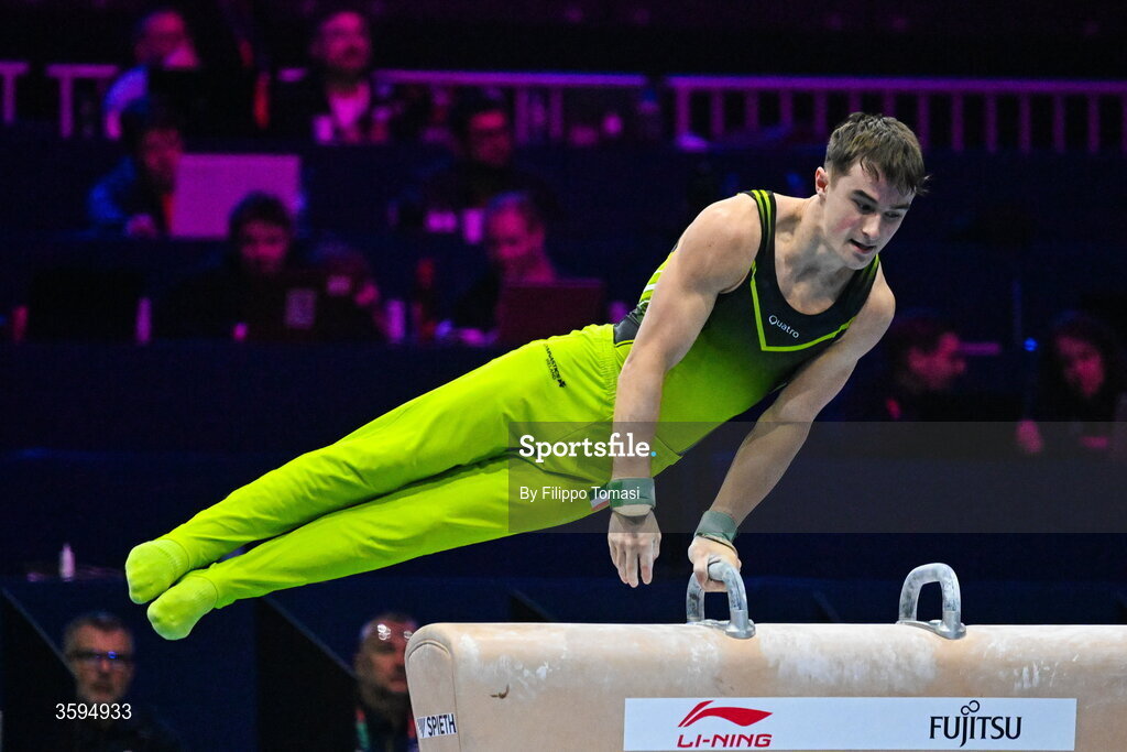 17 October 2026; James Hickey of Ireland competes on the Pommel Horse during the Men's Qualification Subdivision 1 on day one of the Artistic Gymnastics World Championships 2026 at Rotterdam Ahoy in Rotterdam, Netherlands. Photo by Filippo Tomasi/Sportsfile