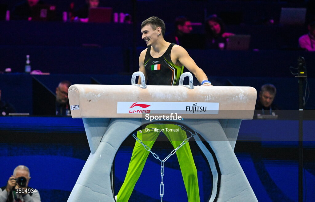 17 October 2026; Adam Steele of Ireland competes on the Pommel Horse during the Men's Qualification Subdivision 1 on day one of the Artistic Gymnastics World Championships 2026 at Rotterdam Ahoy in Rotterdam, Netherlands. Photo by Filippo Tomasi/Sportsfile