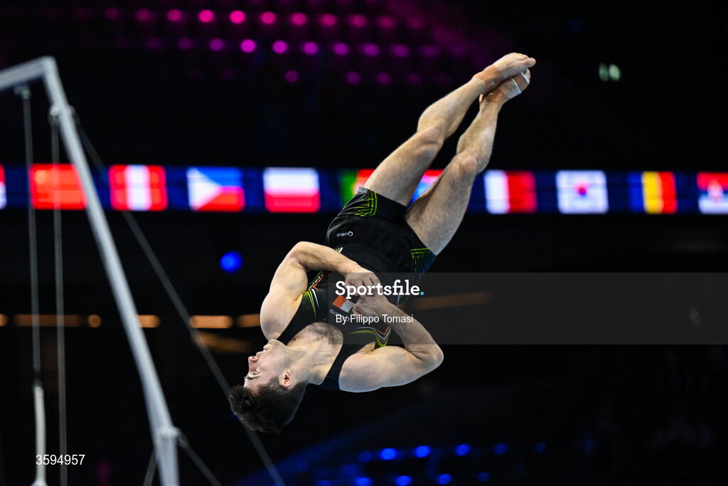 17 October 2026; Eamon Montgomery of Ireland competes on the Floor Exercise during the Men's Qualification Subdivision 1 on day one of the Artistic Gymnastics World Championships 2026 at Rotterdam Ahoy in Rotterdam, Netherlands. Photo by Filippo Tomasi/Sportsfile