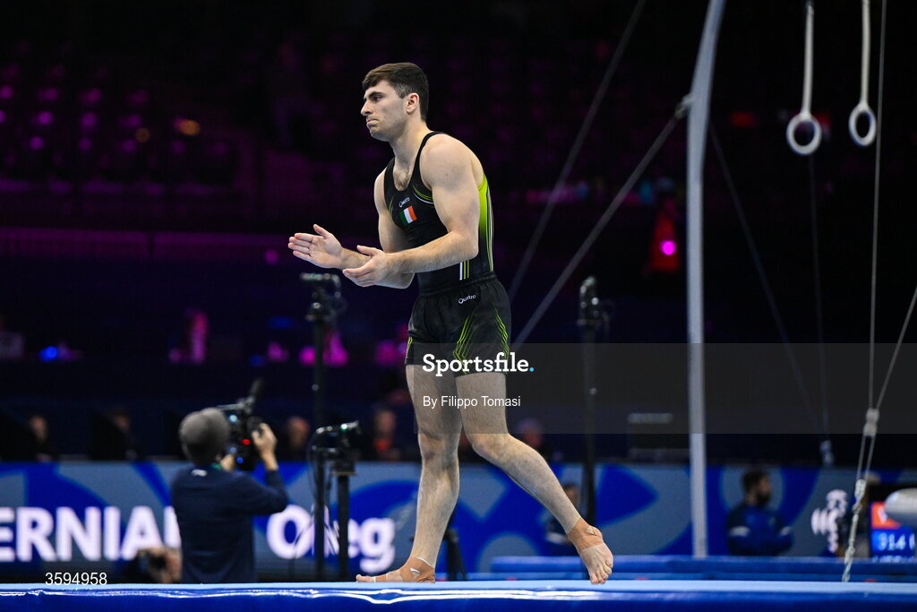 17 October 2026; Eamon Montgomery of Ireland competes on the Floor Exercise during the Men's Qualification Subdivision 1 on day one of the Artistic Gymnastics World Championships 2026 at Rotterdam Ahoy in Rotterdam, Netherlands. Photo by Filippo Tomasi/Sportsfile