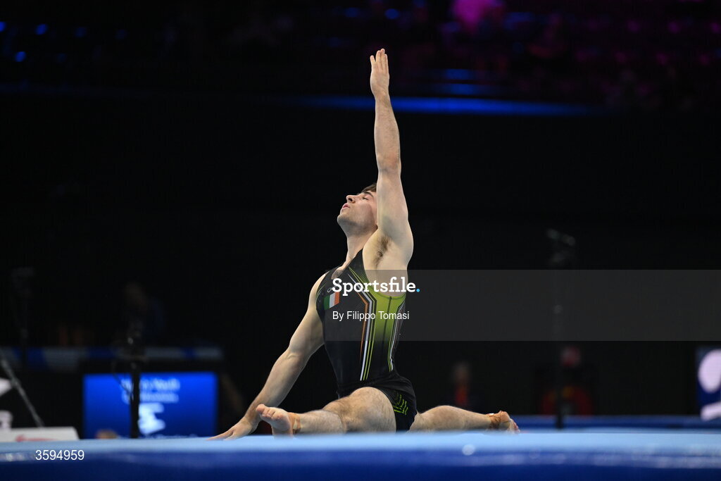 17 October 2026; Eamon Montgomery of Ireland competes on the Floor Exercise during the Men's Qualification Subdivision 1 on day one of the Artistic Gymnastics World Championships 2026 at Rotterdam Ahoy in Rotterdam, Netherlands. Photo by Filippo Tomasi/Sportsfile