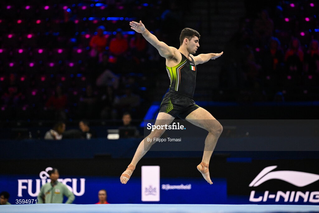 17 October 2026; Eamon Montgomery of Ireland competes on the Floor Exercise during the Men's Qualification Subdivision 1 on day one of the Artistic Gymnastics World Championships 2026 at Rotterdam Ahoy in Rotterdam, Netherlands. Photo by Filippo Tomasi/Sportsfile