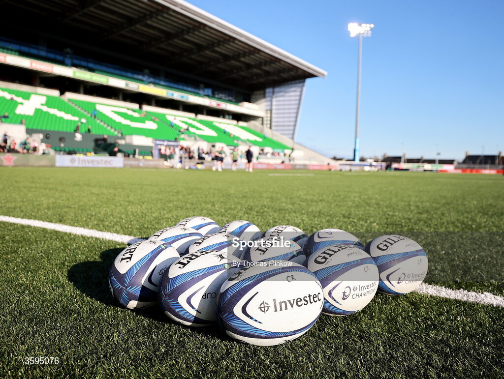 17 October 2026; A general view of balls before the Investec Champions Cup Round 1 match between Connacht and Saracens at Dexcom Stadium in Galway. Photo by Thomas Flinkow/Sportsfile