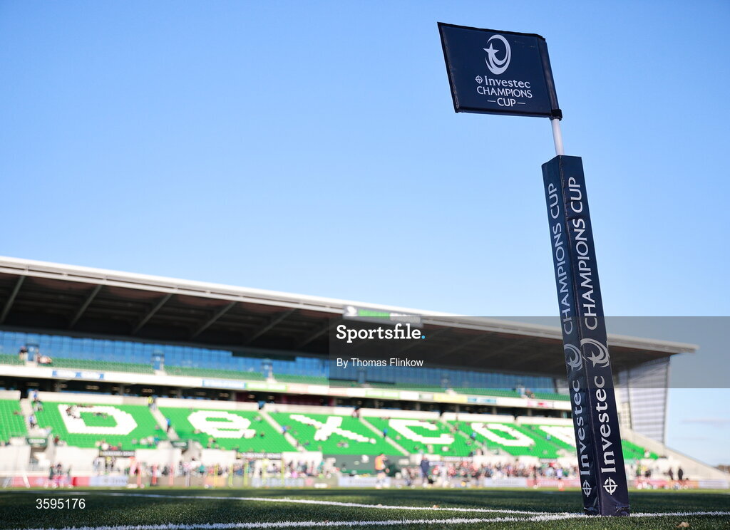 17 October 2026; A general view of a sideline flag before the Investec Champions Cup Round 1 match between Connacht and Saracens at Dexcom Stadium in Galway. Photo by Thomas Flinkow/Sportsfile