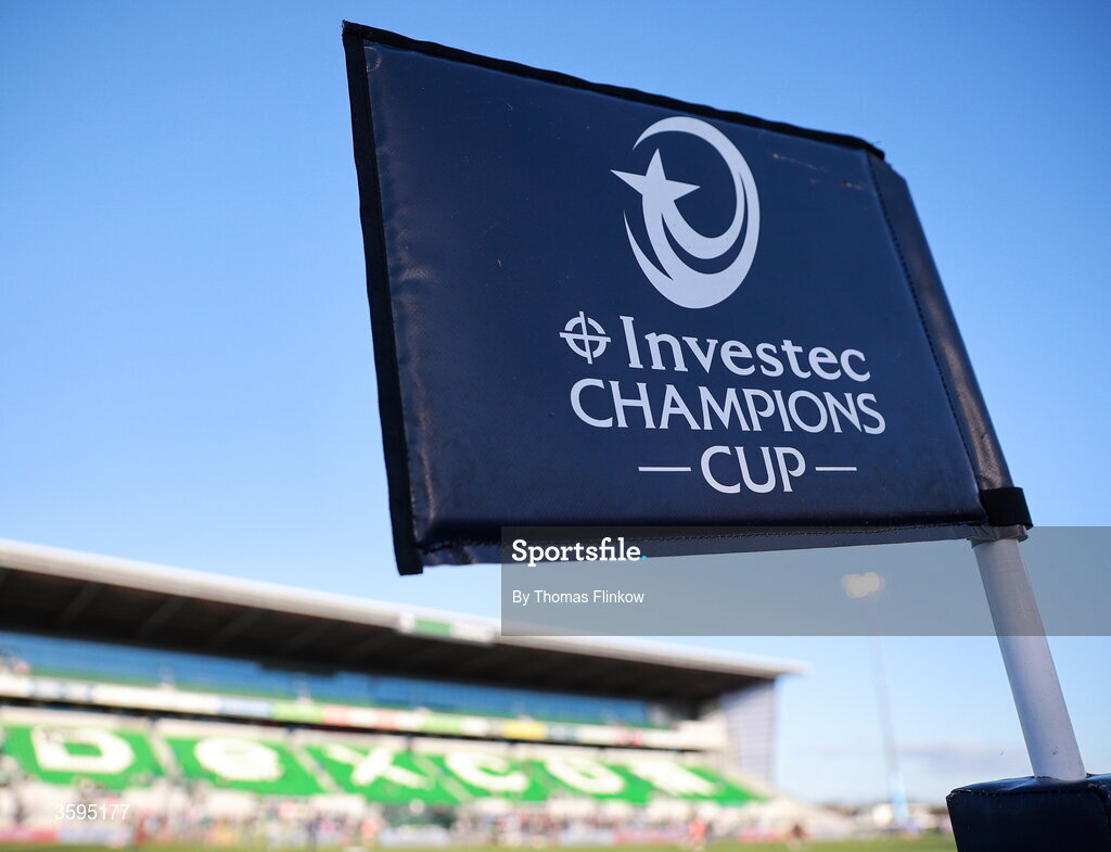 17 October 2026; A detailed view of a sideline flag before the Investec Champions Cup Round 1 match between Connacht and Saracens at Dexcom Stadium in Galway. Photo by Thomas Flinkow/Sportsfile