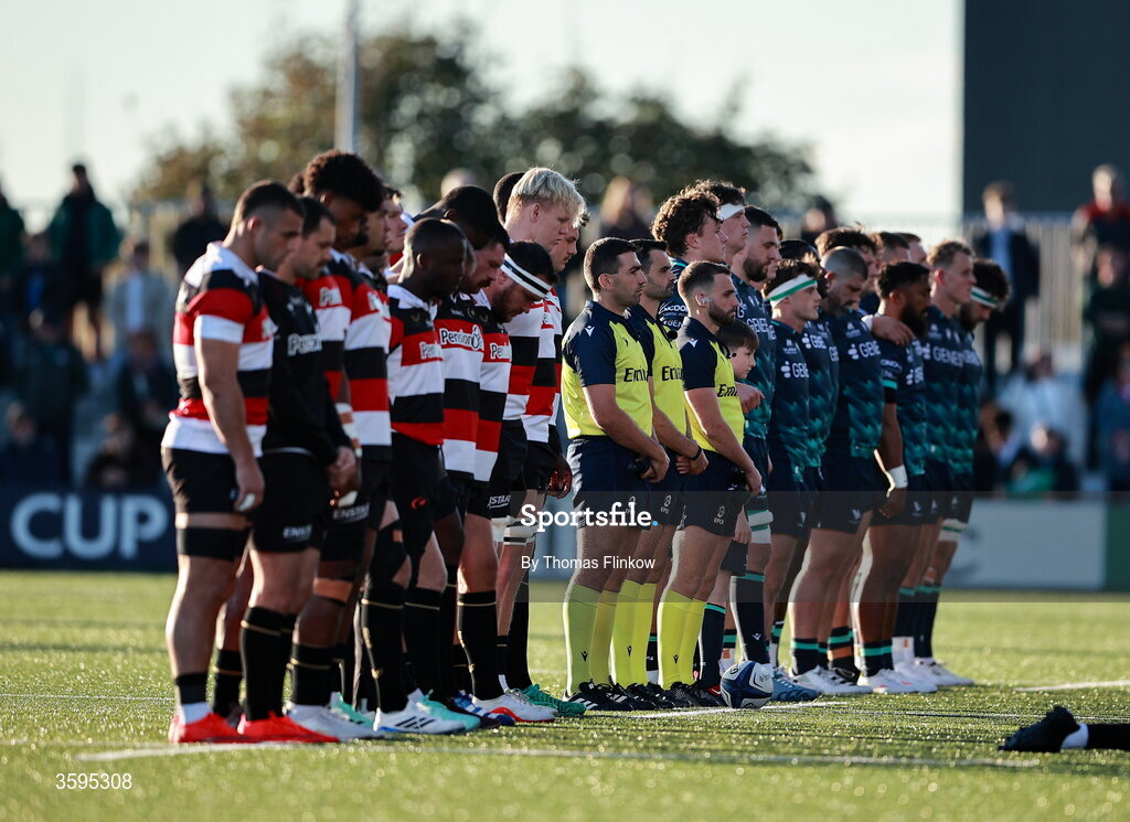 17 October 2026; The teams stand for a minute’s silence in memory of the late Lions player Hyron Andrews, who passed away yesterday at his team hotel in France, before the Investec Champions Cup Round 1 match between Connacht and Saracens at Dexcom Stadium in Galway. the Investec Champions Cup Round 1 match between Connacht and Saracens at Dexcom Stadium in Galway. Photo by Thomas Flinkow/Sportsfile