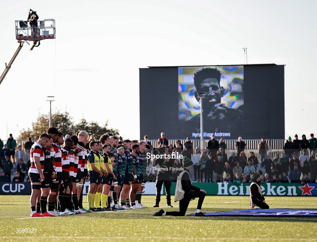 17 October 2026; The teams stand for a minute’s silence in memory of the late Lions player Hyron Andrews, who passed away yesterday at his team hotel in France, before the Investec Champions Cup Round 1 match between Connacht and Saracens at Dexcom Stadium in Galway. the Investec Champions Cup Round 1 match between Connacht and Saracens at Dexcom Stadium in Galway. Photo by Thomas Flinkow/Sportsfile