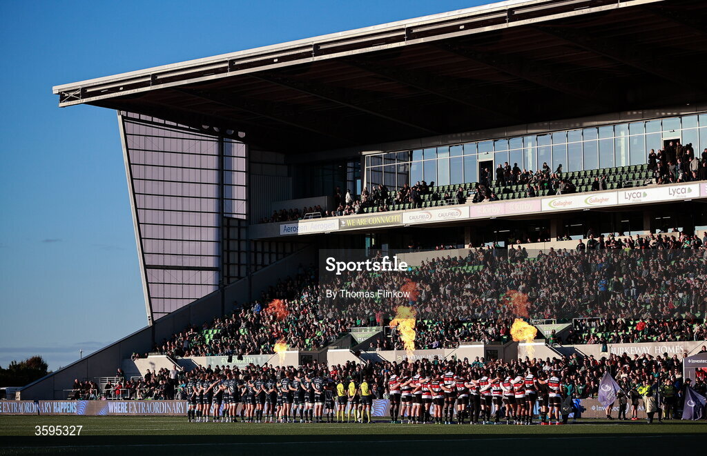 17 October 2026; The teams before the Investec Champions Cup Round 1 match between Connacht and Saracens at Dexcom Stadium in Galway. Photo by Thomas Flinkow/Sportsfile
