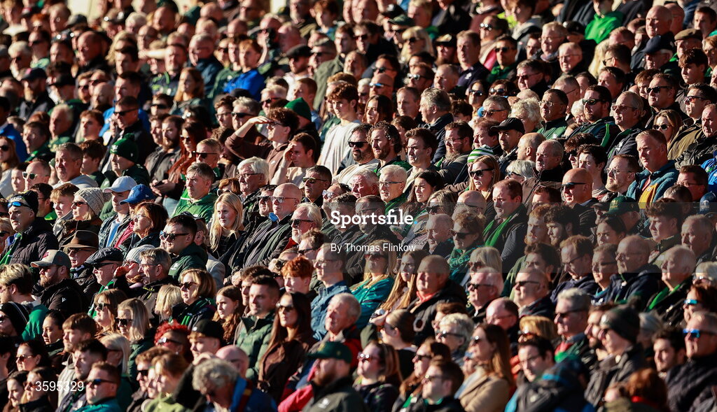 17 October 2026; Spectators stand for a minute’s silence in memory of the late Lions player Hyron Andrews, who passed away yesterday at his team hotel in France, before the Investec Champions Cup Round 1 match between Connacht and Saracens at Dexcom Stadium in Galway. Photo by Thomas Flinkow/Sportsfile